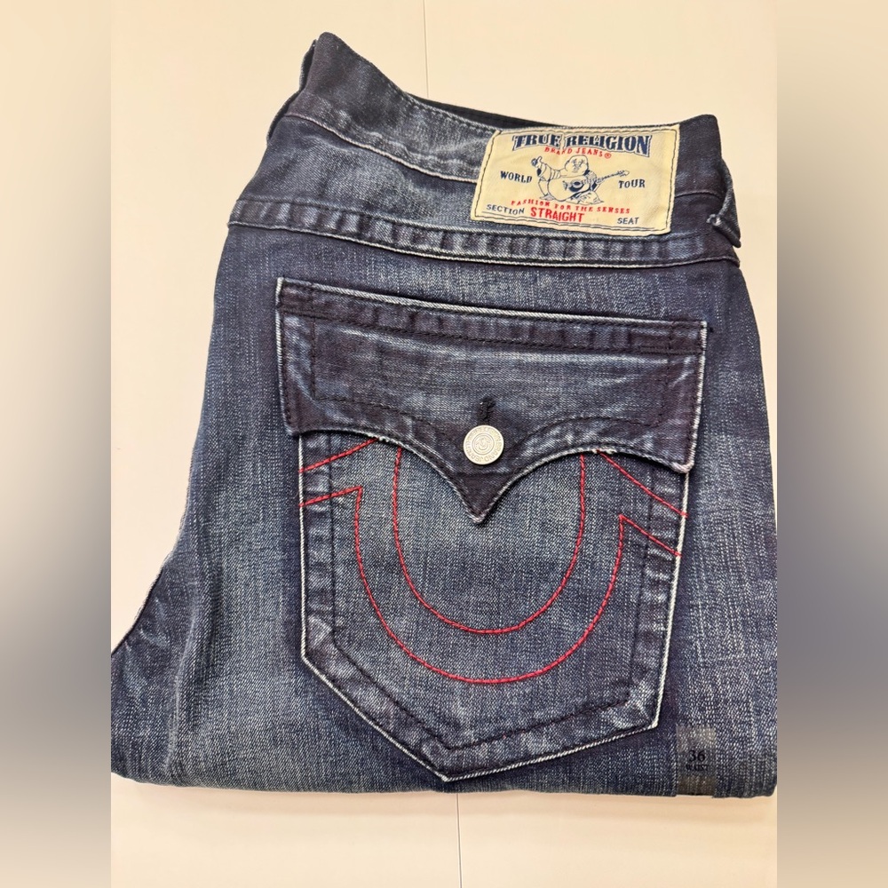 NWT True Religion Straight Wflps Red Weft Distressed Blue Jeans size 36